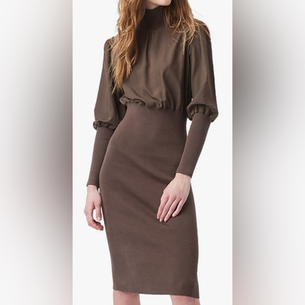NWT French Connection Krista Knit high neck l/s dress size large color deep moss